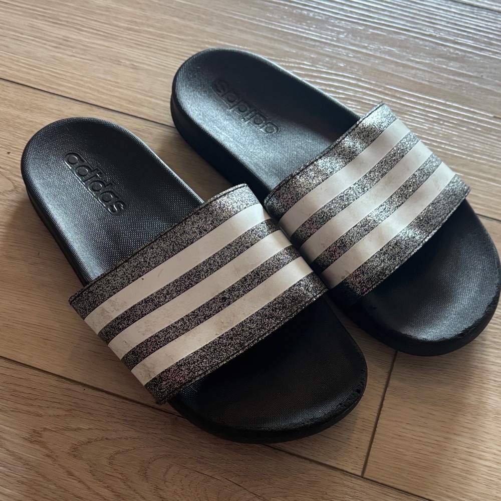 Adidas Black Slides with White Stripes size 4 kids